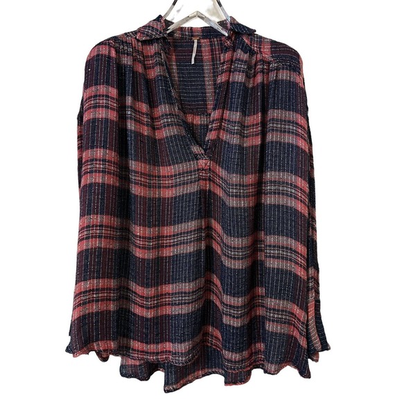 Free People Fearless Love Pink Blue Plaid Sequin Boho Button-Down Shirt - SP - Picture 1 of 10